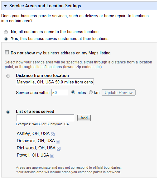 Google Maps Service Areas